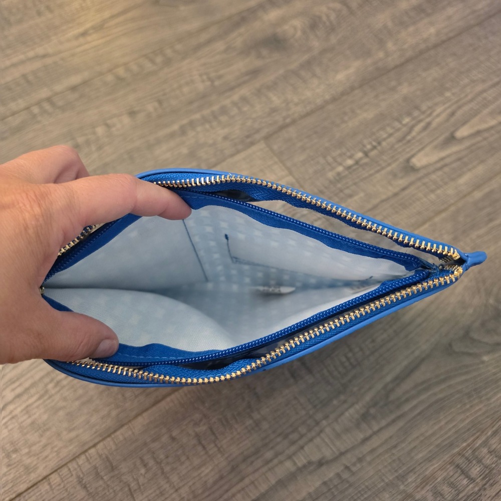 Safe Keeping Blue Leather Clear PVC Zipper Pouch Travel Clutch - Picture 4 of 7